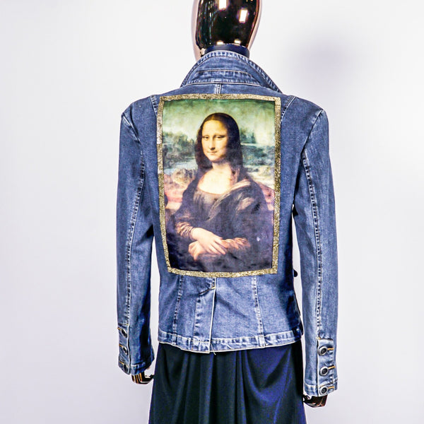 Reclaimed Denim Jacket with Custom Jeweled Frame Mona Lisa Print